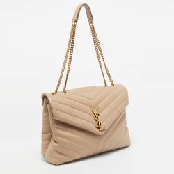 Pre Owned Saint Laurent Beige Matelassé Leather Medium Loulou Shoulder Bag