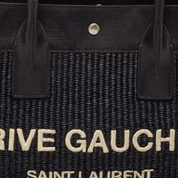 Pre Owned Saint Laurent Black Canvas and Straw Small Rive Gauche Tote