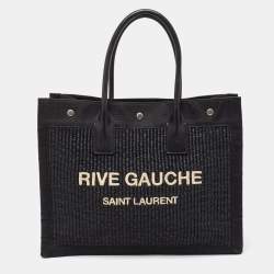 Pre Owned Saint Laurent Black Canvas and Straw Small Rive Gauche Tote