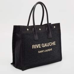 Pre Owned Saint Laurent Black Canvas and Straw Small Rive Gauche Tote