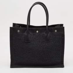 Pre Owned Saint Laurent Black Canvas and Straw Small Rive Gauche Tote