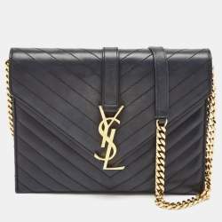 Saint Laurent Black Leather Monogram Envelope Chain Bag