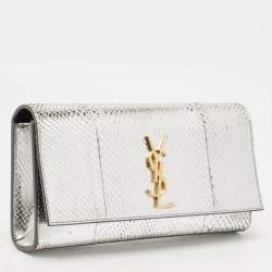 Saint Laurent Silver Python Kate Monogram Clutch