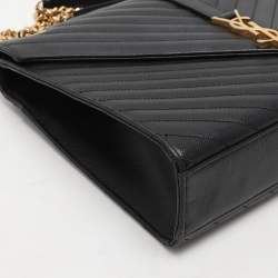 Pre Owned Saint Laurent Black Chevron Leather Large Monogram Envelope Shoulder Bag