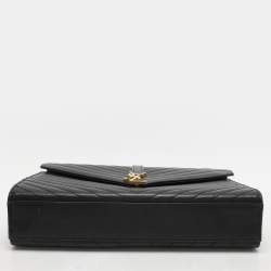 Pre Owned Saint Laurent Black Chevron Leather Large Monogram Envelope Shoulder Bag