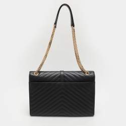 Pre Owned Saint Laurent Black Chevron Leather Large Monogram Envelope Shoulder Bag