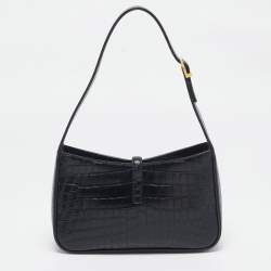 Saint Laurent Black Croc Embossed Leather LE 5 À 7 Shoulder Bag