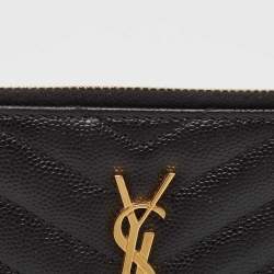 Pre Owned Saint Laurent Black Leather Cassandre Zip Card Holder