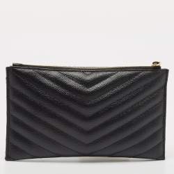 Pre Owned Saint Laurent Black Matelassé Leather Monogram Zip Pouch