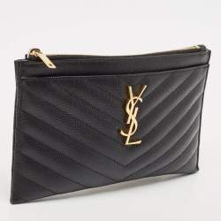 Pre Owned Saint Laurent Black Matelassé Leather Monogram Zip Pouch