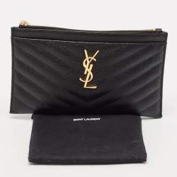 Pre Owned Saint Laurent Black Matelassé Leather Monogram Zip Pouch