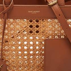 Pre Owned Saint Laurent Brown Woven Rattan and Leather Toy Tote