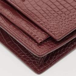 Pre Owned Saint Laurent Burgundy Croc Embossed Leather Sunset Wallet On Chain