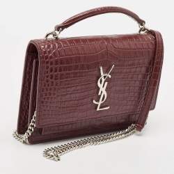 Pre Owned Saint Laurent Burgundy Croc Embossed Leather Sunset Wallet On Chain