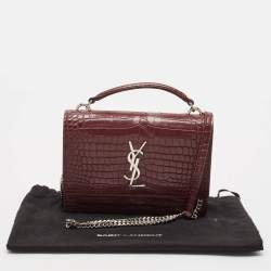 Pre Owned Saint Laurent Burgundy Croc Embossed Leather Sunset Wallet On Chain