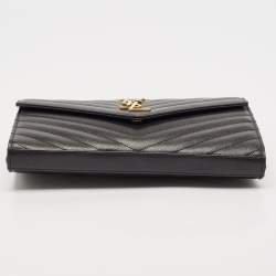Saint Laurent Black Leather Matelasse Cassandre Envelope Wallet on Chain