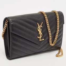 Saint Laurent Black Leather Matelasse Cassandre Envelope Wallet on Chain