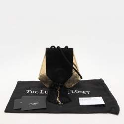 مملوكة مسبقًا حقيبة كتف سان لوران أوبومي جلد وزواحف منقوشة سوداء/ذهبية مع سويد.