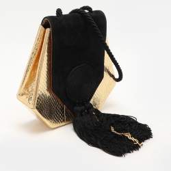 مملوكة مسبقًا حقيبة كتف سان لوران أوبومي جلد وزواحف منقوشة سوداء/ذهبية مع سويد.