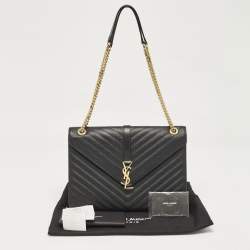 Saint Laurent Black Chevron Leather Large Monogram Envelope Shoulder Bag