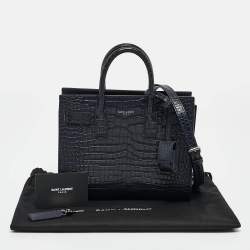 Pre Owned Saint Laurent Navy Blue Croc Embossed Leather Nano Classic Sac De Jour Tote