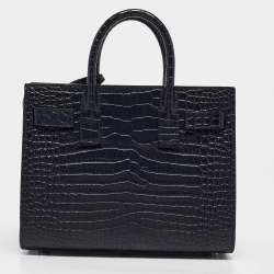 Pre Owned Saint Laurent Navy Blue Croc Embossed Leather Nano Classic Sac De Jour Tote