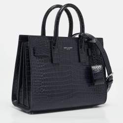Pre Owned Saint Laurent Navy Blue Croc Embossed Leather Nano Classic Sac De Jour Tote