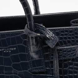 Pre Owned Saint Laurent Navy Blue Croc Embossed Leather Nano Classic Sac De Jour Tote