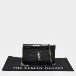Saint Laurent Black Croc Embossed Leather Monogram Wallet On Chain