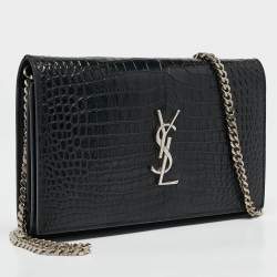 Saint Laurent Black Croc Embossed Leather Monogram Wallet On Chain