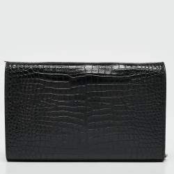 Saint Laurent Black Croc Embossed Leather Monogram Wallet On Chain