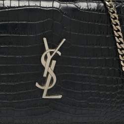 Saint Laurent Black Croc Embossed Leather Monogram Wallet On Chain
