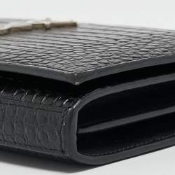 Saint Laurent Black Croc Embossed Leather Monogram Wallet On Chain