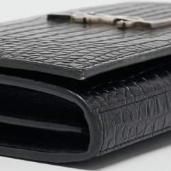 Saint Laurent Black Croc Embossed Leather Monogram Wallet On Chain