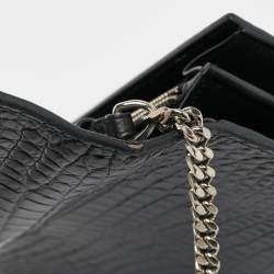 Saint Laurent Black Croc Embossed Leather Monogram Wallet On Chain