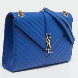Saint Laurent Blue Chevron Leather Large Monogram Envelope Shoulder Bag