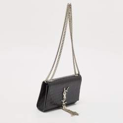 مملوكة مسبقًا Saint Laurent Black Croc Embossed Leather Small Kate Tassel Shoulder Bag