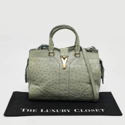 Yves Saint Laurent Light Green Ostrich Leather Small Ligne Y Cabas Chyc Tote