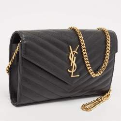 Pre Owned Saint Laurent Black Matelassé Leather Monogram Wallet on Chain