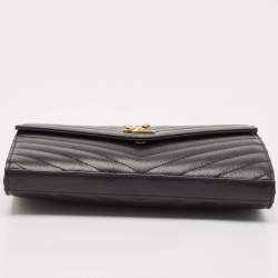 Pre Owned Saint Laurent Black Matelassé Leather Monogram Wallet on Chain