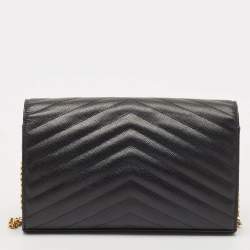 Pre Owned Saint Laurent Black Matelassé Leather Monogram Wallet on Chain