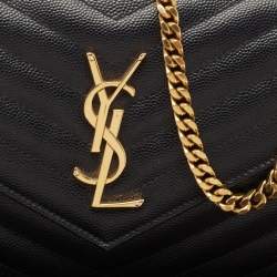 Pre Owned Saint Laurent Black Matelassé Leather Monogram Wallet on Chain