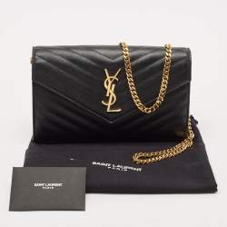 Pre Owned Saint Laurent Black Matelassé Leather Monogram Wallet on Chain