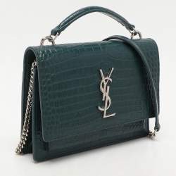 Saint Laurent Paris Green Croc Embossed Leather Sunset Crossbody Bag