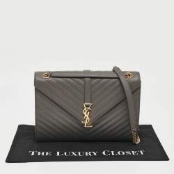 Saint Laurent Grey Chevron Leather Large Monogram Envelope Shoulder Bag