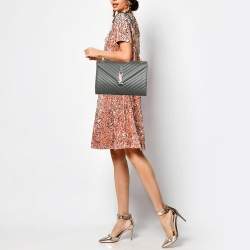 Saint Laurent Grey Chevron Leather Large Monogram Envelope Shoulder Bag