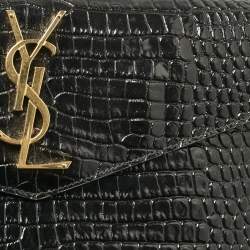 Pre Owned Saint Laurent Black Croc Embossed Leather Uptown Clutch