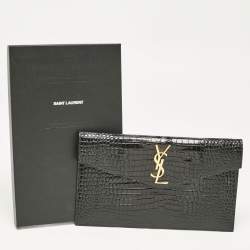 Pre Owned Saint Laurent Black Croc Embossed Leather Uptown Clutch