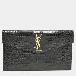 Pre Owned Saint Laurent Black Croc Embossed Leather Uptown Clutch