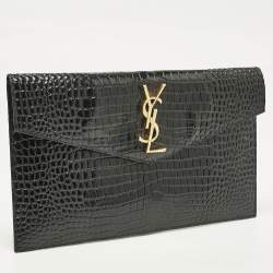 Pre Owned Saint Laurent Black Croc Embossed Leather Uptown Clutch